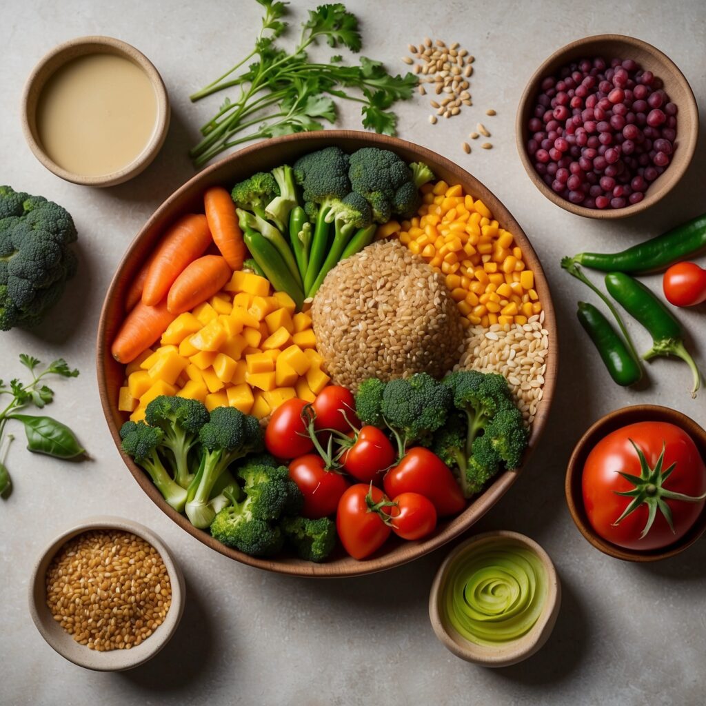 Colorful plant-based meal with vegetables and grains.